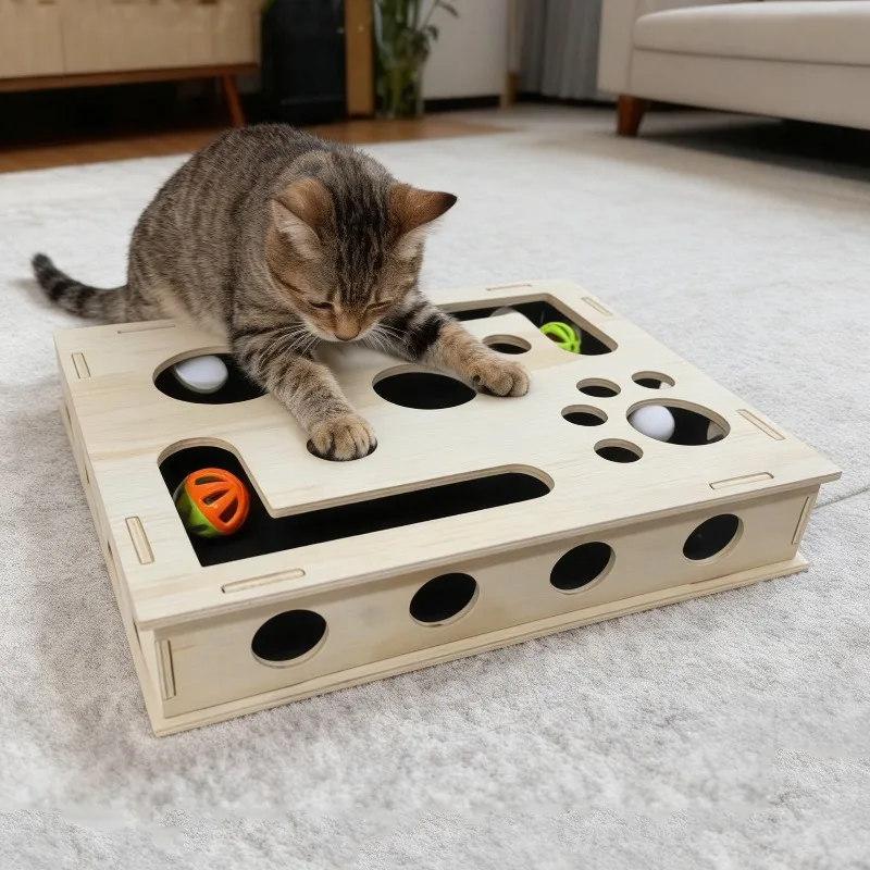

With Bell Ball Cat Nail File Box Interactive Maze Tunnel Interactive Cat Sandpaper Cat Exercise Kitten Wooden Square Box