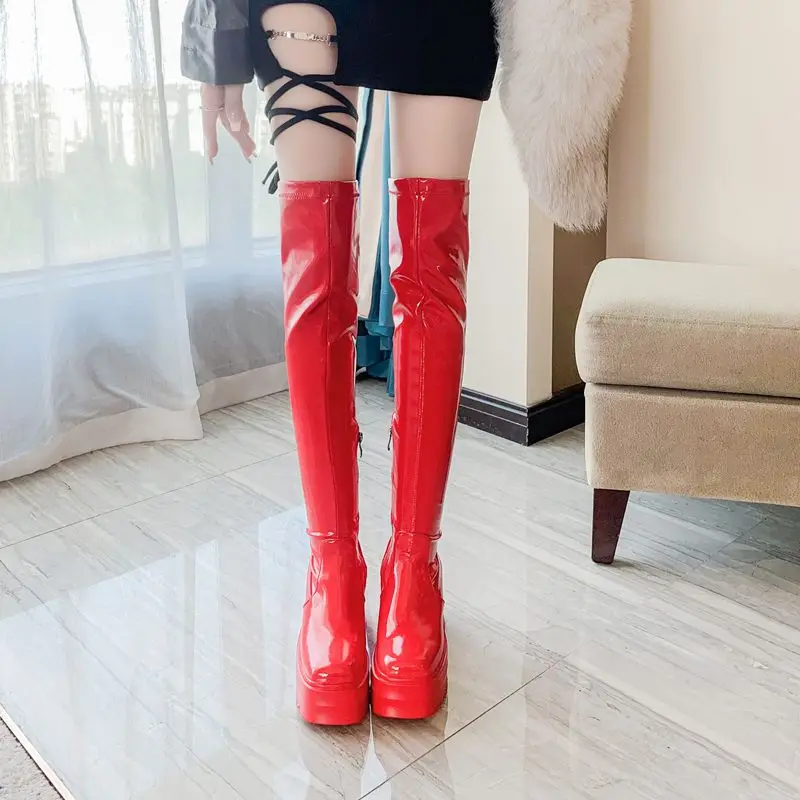REAVE CAT Patent Leather Women Thigh High Boots Chunky Heel 9cm Platform Size 41 42 43 Sexy Party Booties image 5