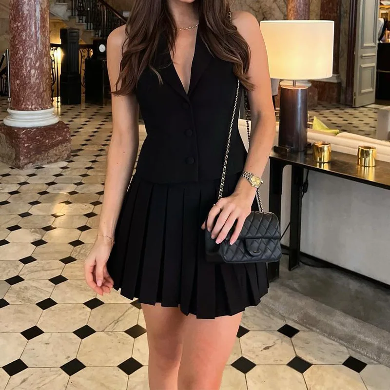 Summer Elegant Lapel Sleeveless Suit Waistcoat High Waisted Mini Pleated Dresses Sweet Street Style Slim Vest Skirt 2 Piece Set