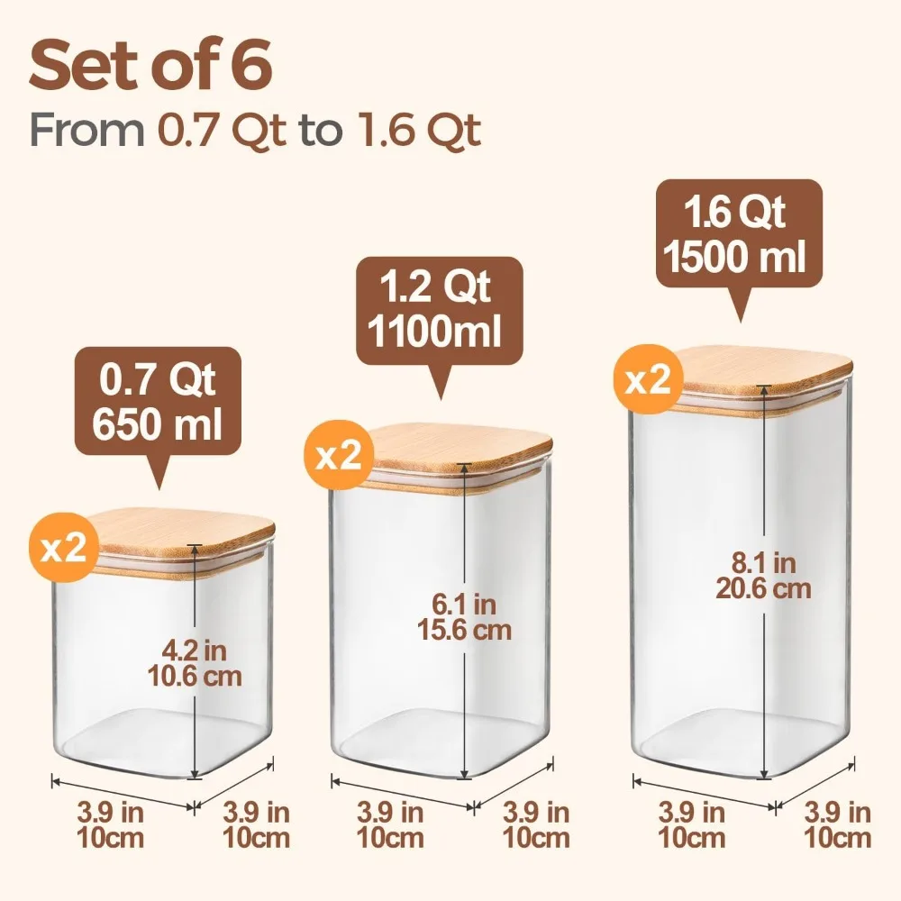 Square Glass Pantry Containers Set of 6 - 0.7/1.2/1.6Qt, Airtight Bamboo Lids, Borosilicate Glass Jars for Kitchen Storage view 2