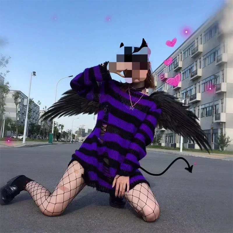 Sexy Hollow Out Striped Long Sweaters Punk Gothic Cool Hole Broken Jumpers Women Over Size Loose Rock Dark Pullovers Sweaters