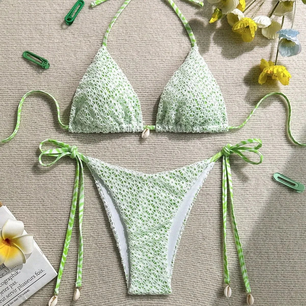 Conjunto de Bikini Verde de Crochet para Mujer, Top Triangular con Tirantes, Braguita con Lazos Laterales