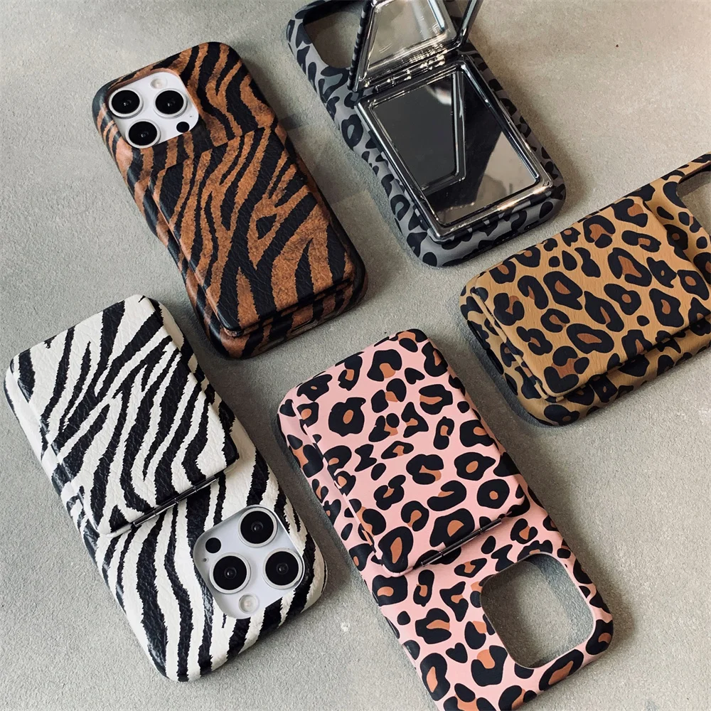 

Fashion leopard print fold phone case for iPhone 13 15 14 16 Pro Max 15Pro 16 Fundas with Stand cute shockproof Protective cover
