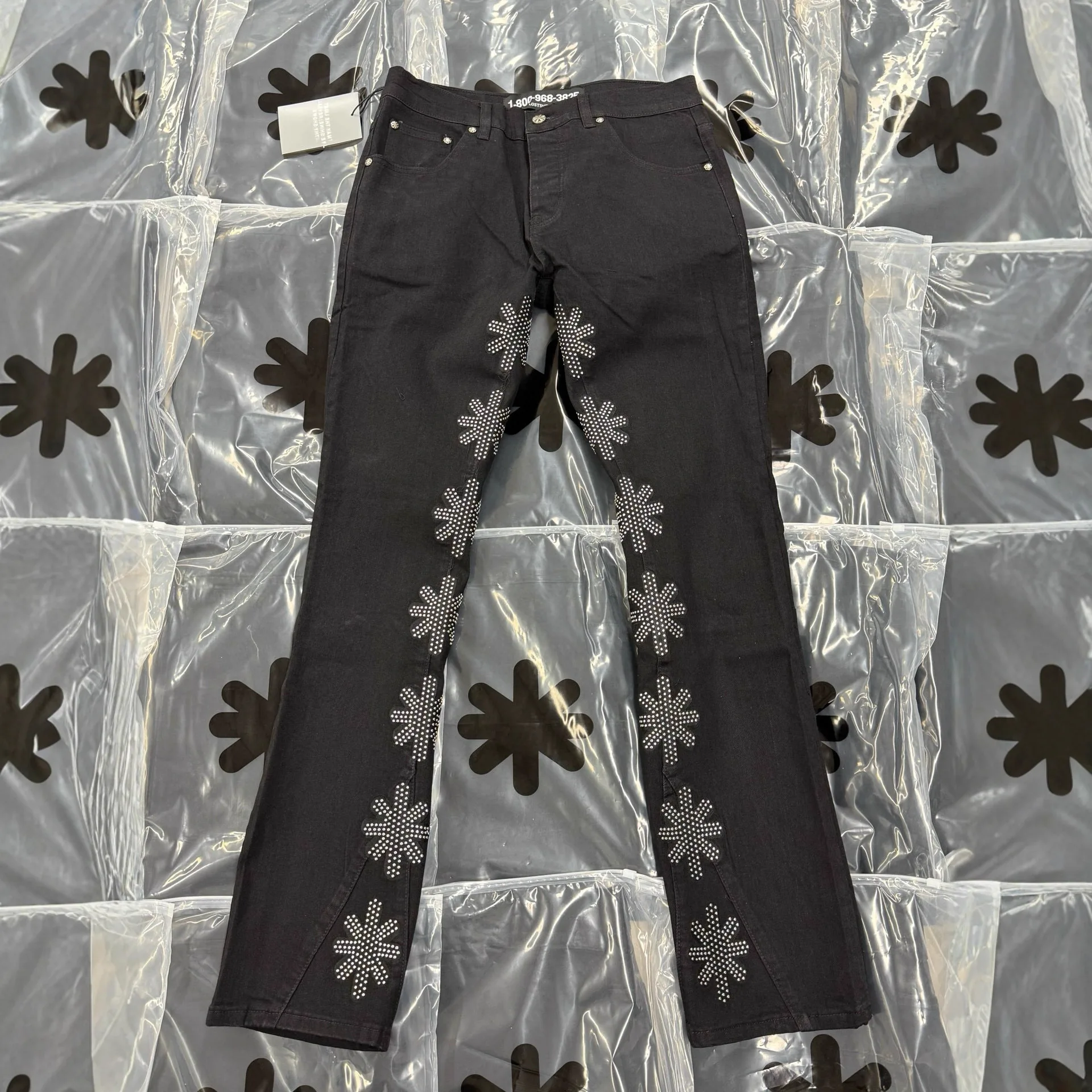 LOSTSHDWS JEANS Sunflower Heavy-Duty Rhinestone-Embellished American High-Street Washed Slightly Flared Jeans