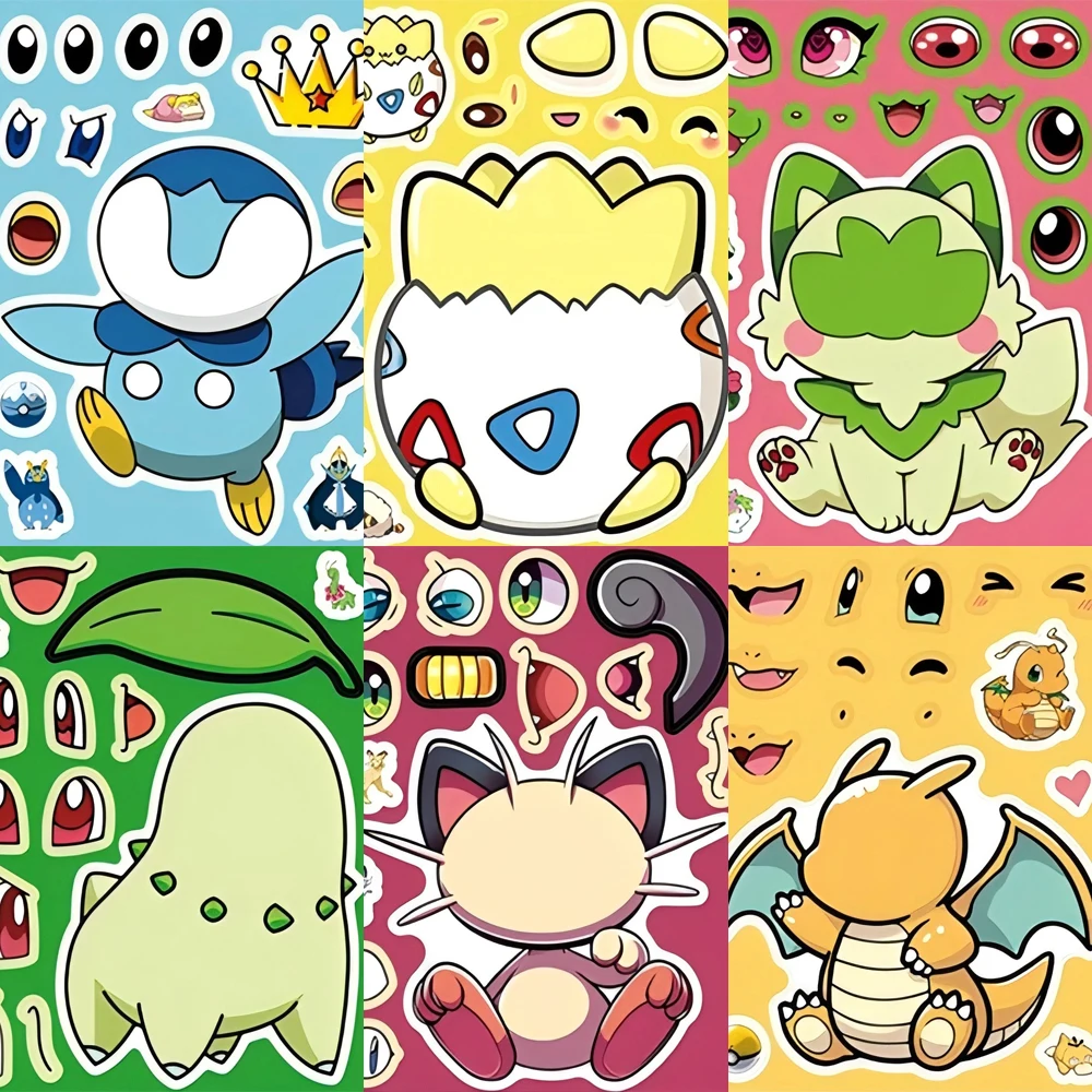 8/16Sheets Cute Pokemon Puzzle Stickers Pikachu Make a Face Decals DIY Guitar Luggage Scrapbook Assemble Jigsaw Graffiti Sticker