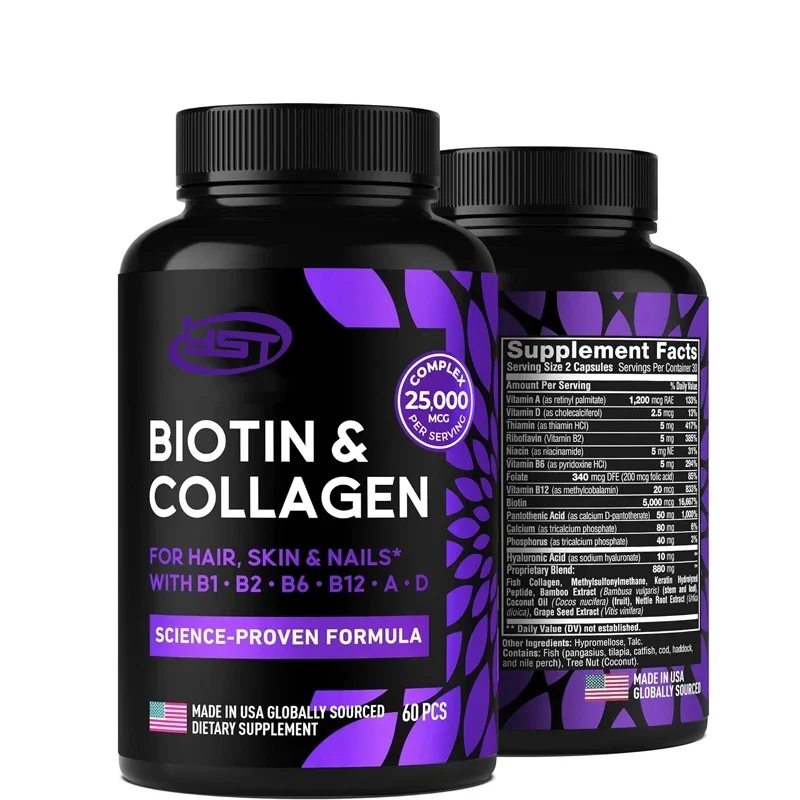 Biotin vitamins keratin and collagen containing marine collagen peptides and B complexes in hair, skin, and nails