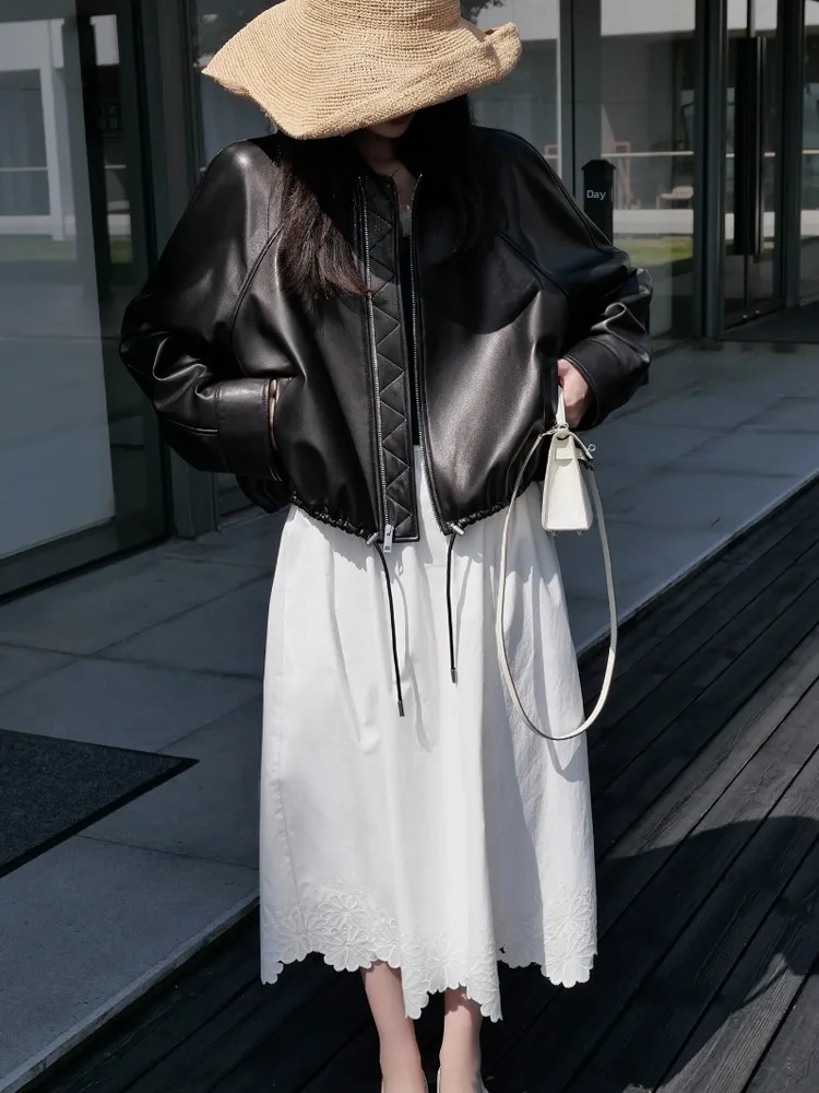 

High-End Sheepskin Short Biker Jacket Women's Autumn Winter Leather Coat Drawstring Silhouette Black Commute Style Loose Fit