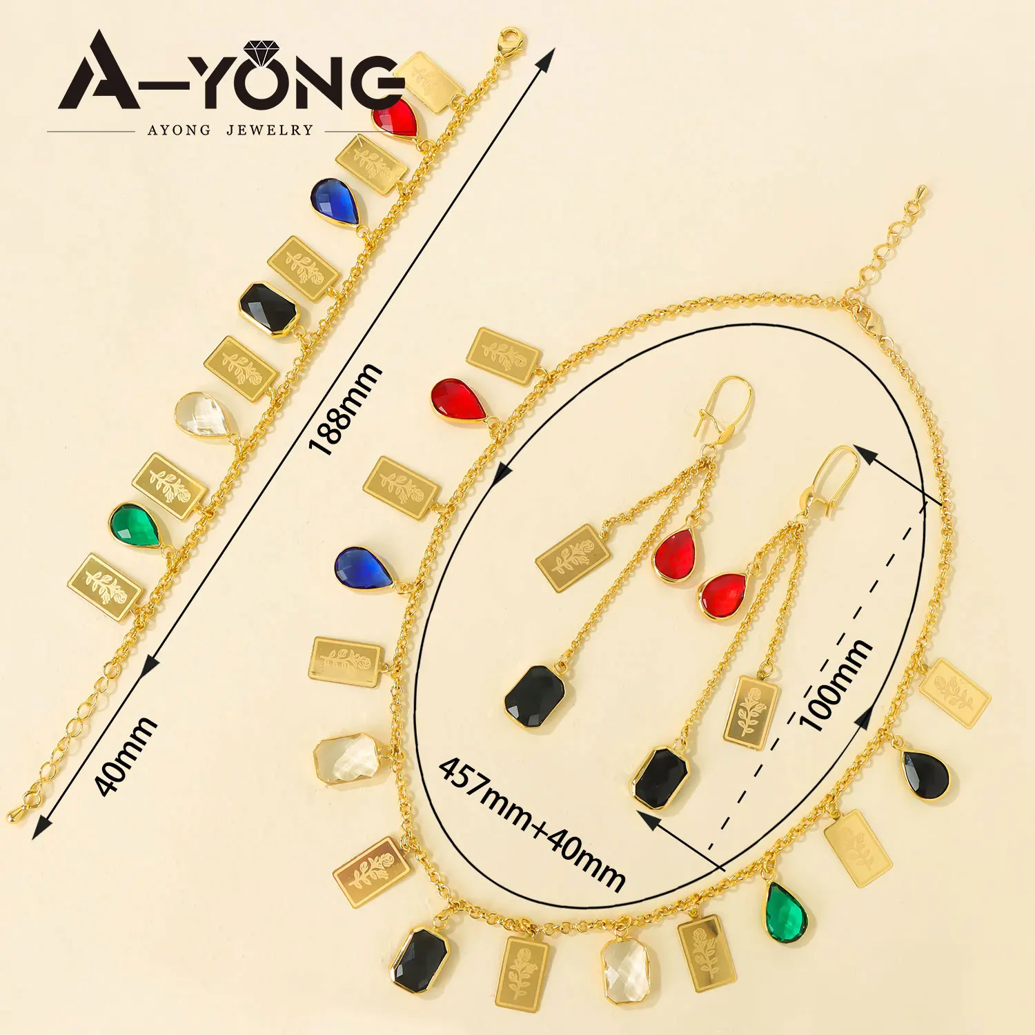 Nigerianisches Brautschmuck-Set 21k Vergoldet Arabische Farbige Quadratische Zirkonia-Halskette Algerischer Islamischer Modeschmuck für Frauen – Detail 3