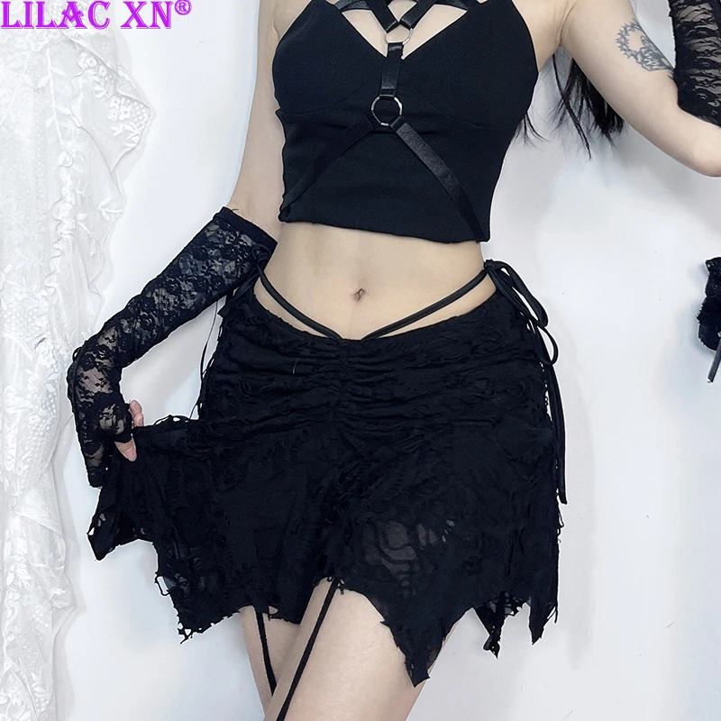 Y2K Goth Black Holes Lace-up Mini Skirts Sexy Vintage Folds Irregular Bodycon Short Skirts Women New Fashion Summer Streetwear