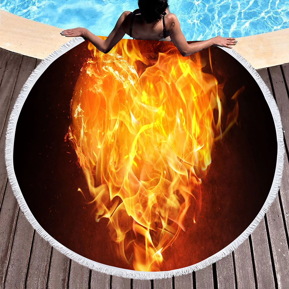 Blazing Flame Round Beach Blanket,Polyester Sand Resistant Beach Towel,Soft Absorbent Quick Dry Pool Towel Portable Picnic Mat