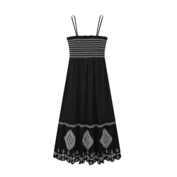Women Dresses Spring and Autumn Floral Embroidery Square Collar Loose Ethnic Style Sleeveless Pleated Robe Dress