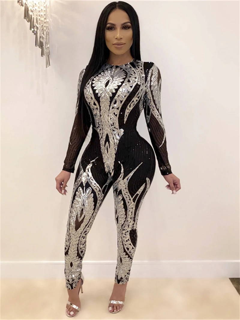Sexy See Through Sequin Jumpsuit Fall Clothes 2024 Women Long Sleeve Bodysuit Party Nightclub Catsuit One Pieces Overalls Outfit