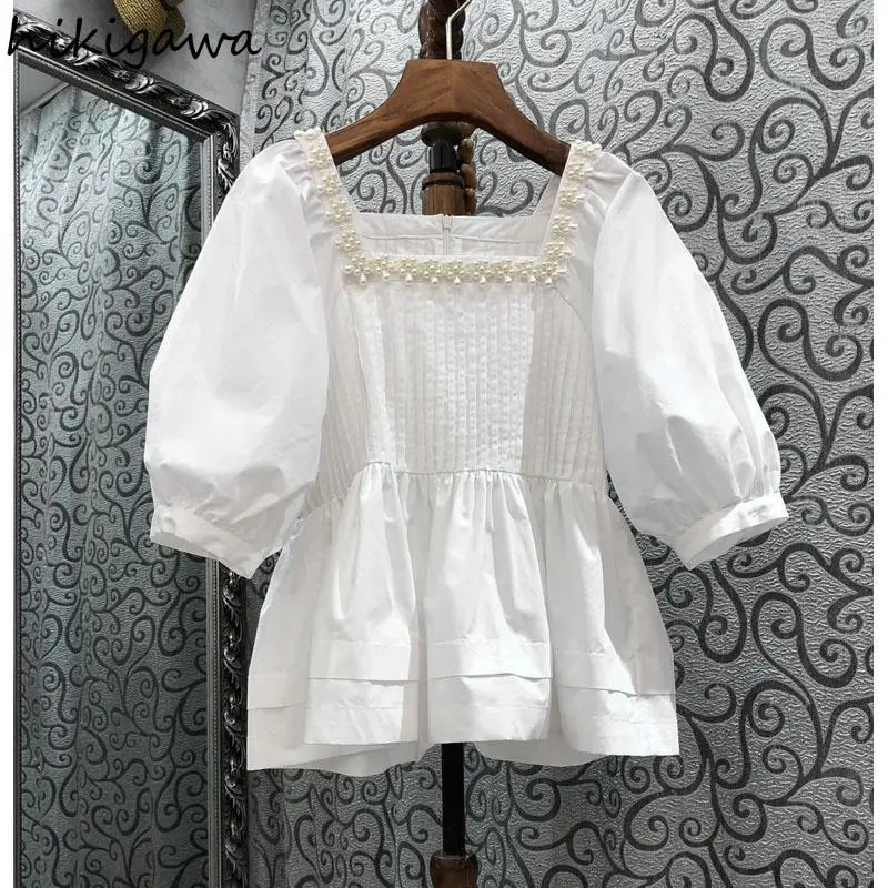 

Beading Square Collar Blouses 2025 Blusas Mujer De Moda Puff Sleeve Sweet Shirts Folds Fashion Summer Blouse Tops Women Clothing