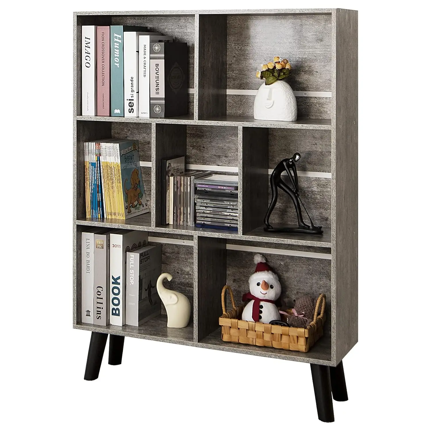 Cube Bookshelf with Legs, 3 Tier Rustic Wood Freestanding Storage Organizer, Open Shelves for Bedroom  Office, Customized