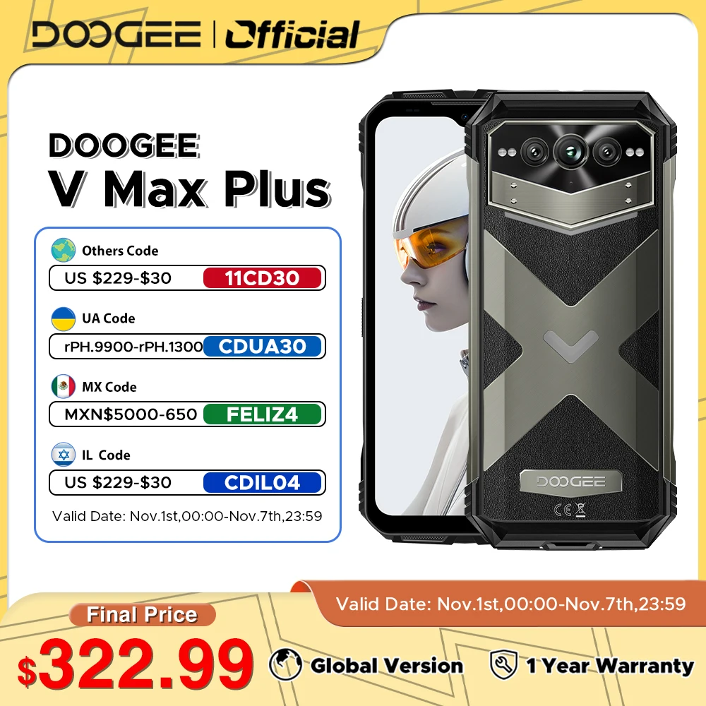 

DOOGEE V Max Plus Rugged Phone 6.58" 120Hz Display 16GB 512GB 200MP AI Camera 22000mAh Battery Lighting effect Android 14 OS