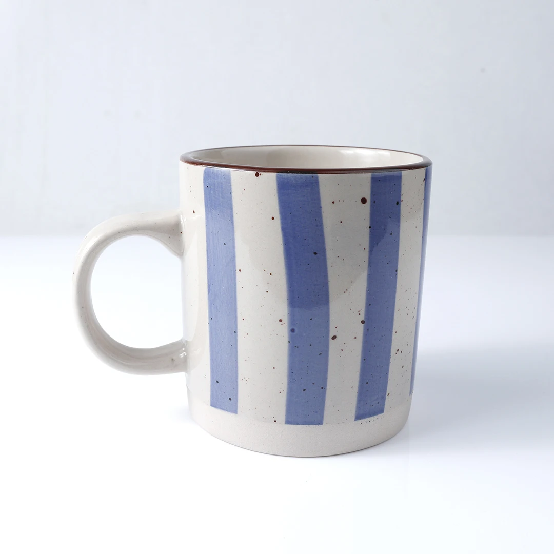 10 oz personalized blue striped rustic pattern hand painted stoneware mug with strip design