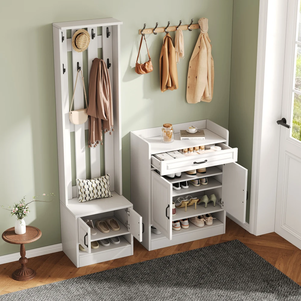 PINGGO Garderobenset, Wandschrank mit Schuhregal, 8 Haken, 4 Türen, 1 Schublade, weiße Flurmöbel, 125 x 36 x 190 cm – Detail 14