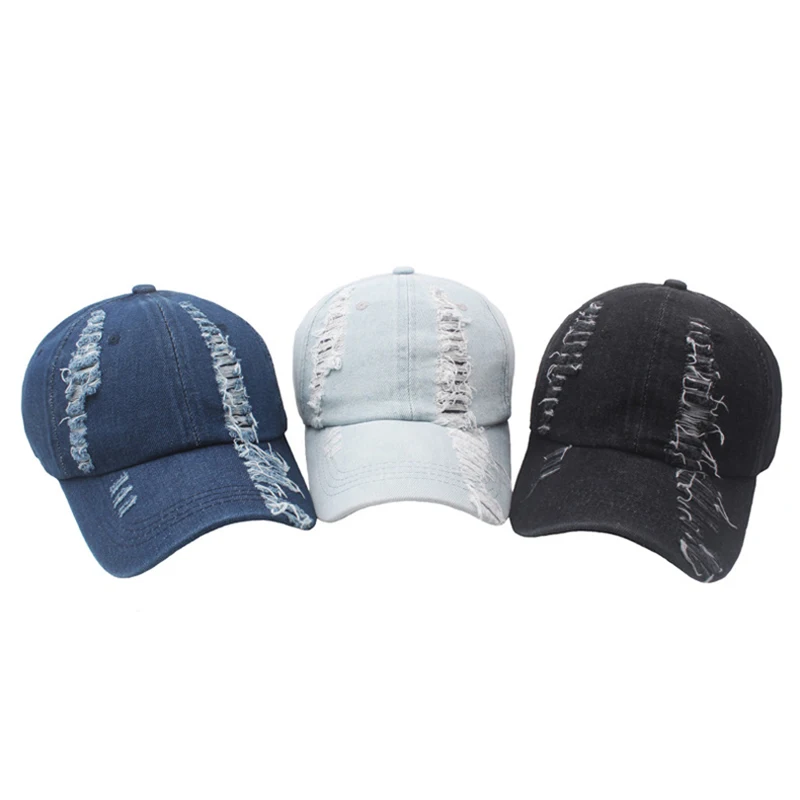 Fashion Men Wash Denim Ripped Baseball Cap Solid Snapback Hat Adjustable Women Distressed Peaked Causal Outdoor Sun Cap Run Caps