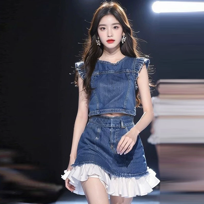 2 Pieces Set , 2024 Summer Women Ladies Fashion Sweet  Flying Sleeve Top A Line Ruffled Patchwork Blue Denim Skirt Sets