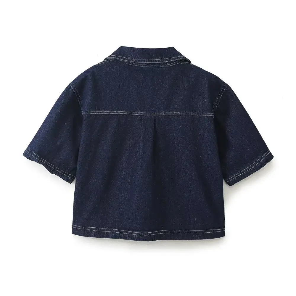 Maxdutti 2025 Summer High Street Denim Shirt Women Double Pockets V-neck Short Blouse Women Tops