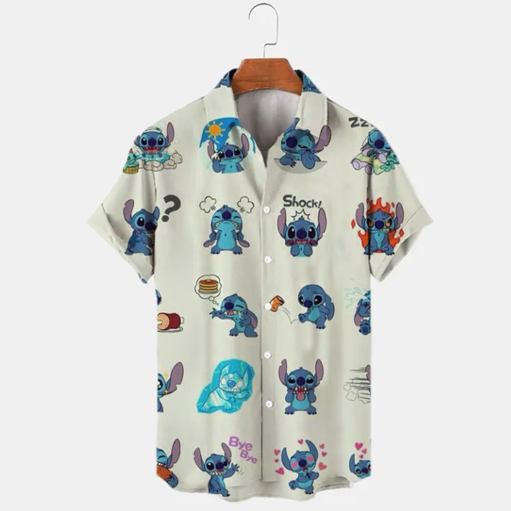 New Summer 2024 Disney Winnie The Pooh And Stitch Brand Cartoon Casual 3D Printed Short Sleeve Lapel Shirt Slim Fit Men\'s Top