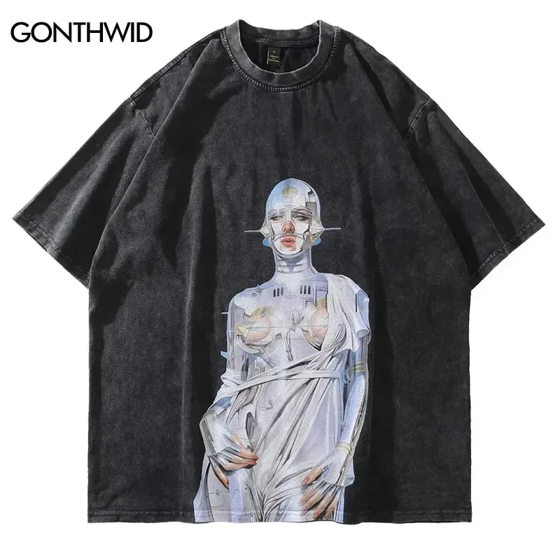 Distressed Oversized T-Shirt Streetwear Hip Hop Vintage Robot Graphic Print Tshirt Men Harajuku Casual Short Sleeve Tee Shirts