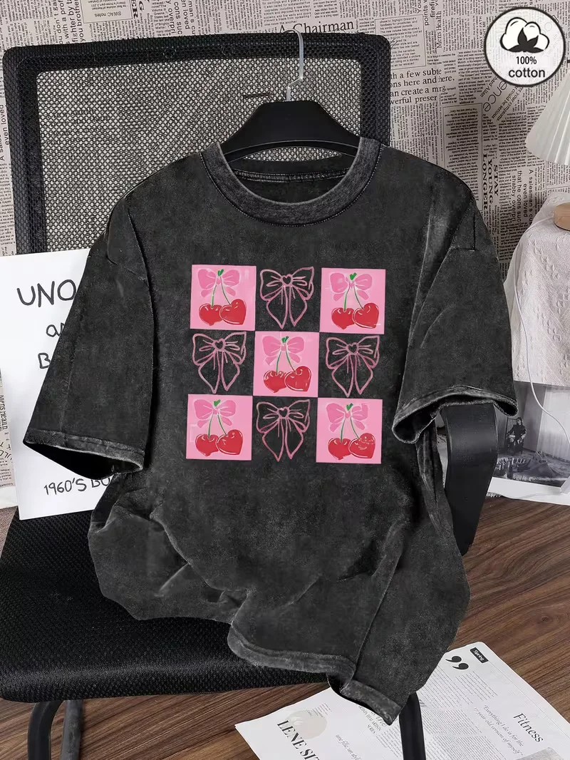 26 Summer Fashion Retro Stir Fried Snowflake Washed Leopard Print Cherry Print Essential Fashion Item for Women men  in Summer
