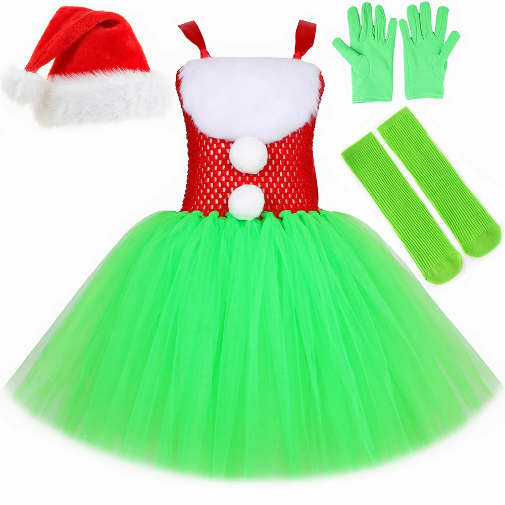 Grinc Costume Kids Christmas Santa Claus Tutu Dress Set Green Furry Monster Costumes Girls Toddler Halloween Xmas Party Clothes