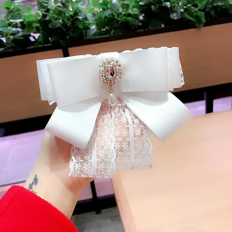 

Korean Lace Ribbon Bow Tie Brooch Collar Flower Woman's College Style Shirt Accessories High-end Bowknot Rhinestone Hair-pins