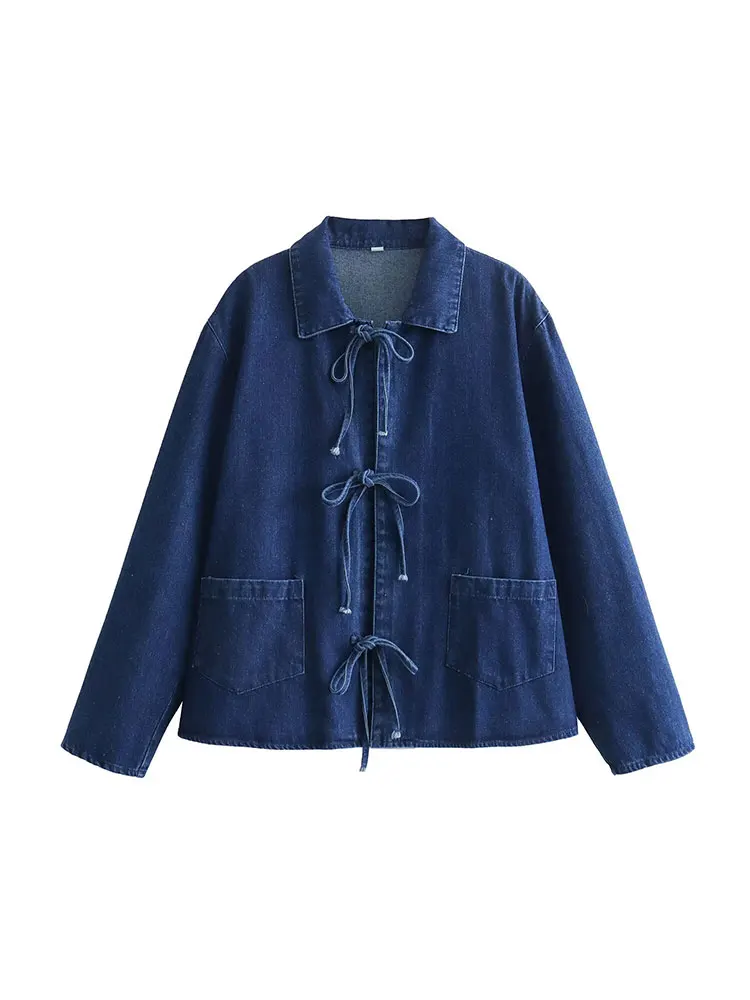 TELLHONEY Women Fashion Lapel Collar Lace Up Blouses Female Casual Long Sleeves With Pockets Solid Denim Outerwear