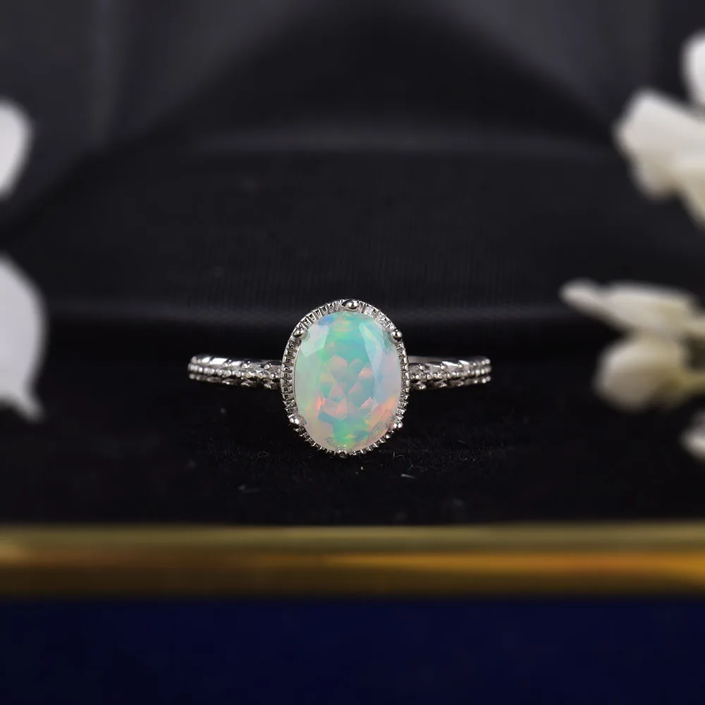 ITSMOS Natural Faceted Opal Ring S925 sterling Silver Gemstone Australian Opal 8*10mm Fashion Delicate Jewelry Rings for Women