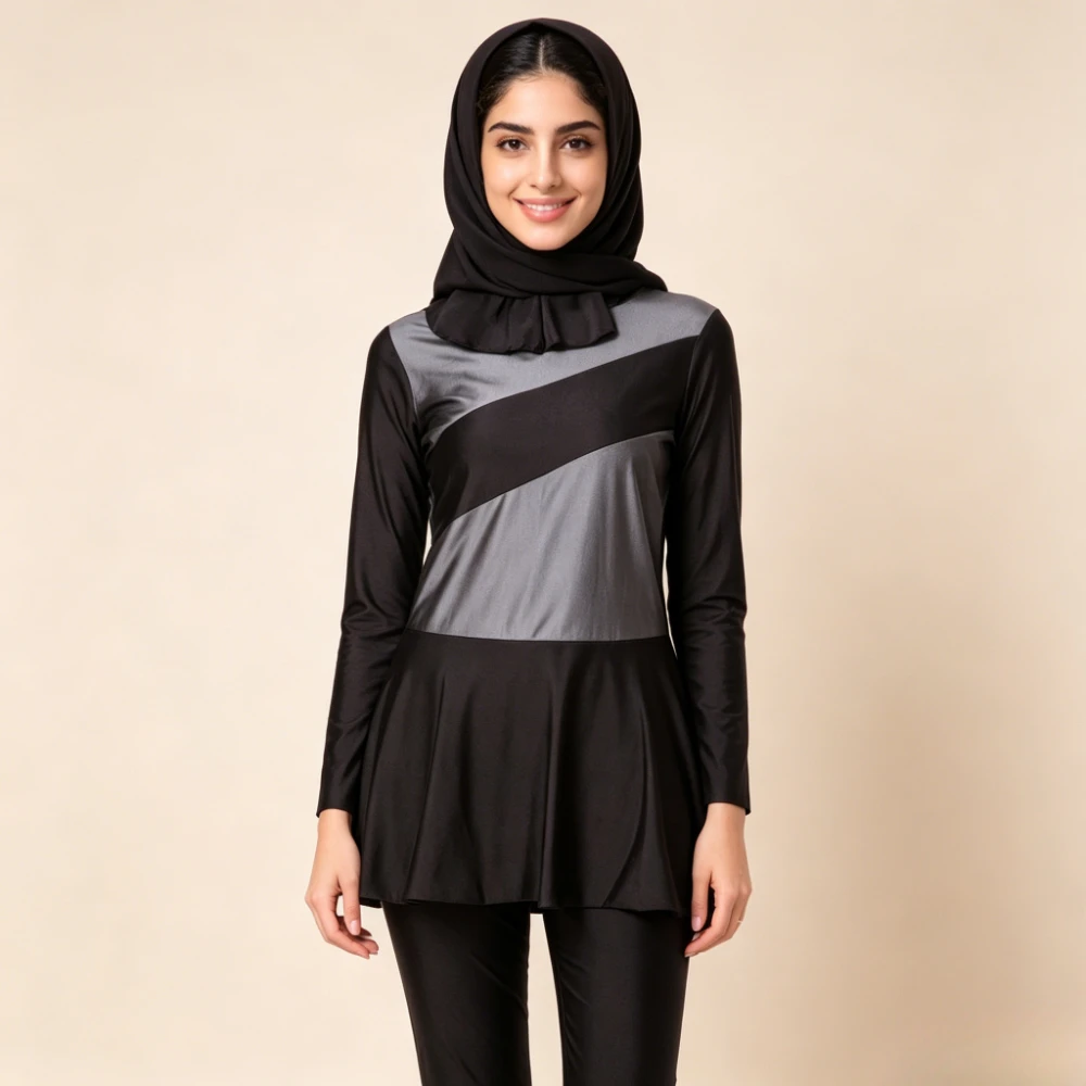 Women 3PCS Color Block Burkini Swimwear Diagonal Spliced Flared Hem Tunic Top Full Length Pants with Hijab  Muslim Bathing Suit