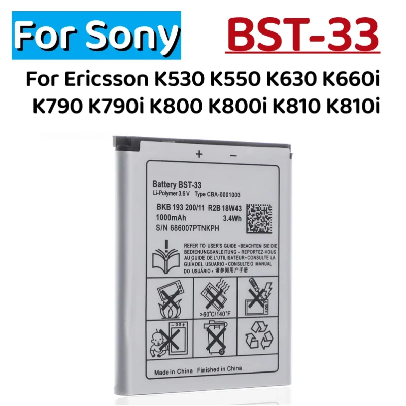 1000mAh BST-33 Hight Quality Mobile Phone Battery For Sony Ericsson K530 K550 K630 K660i K790 K790i K800 K800i K810 K810i