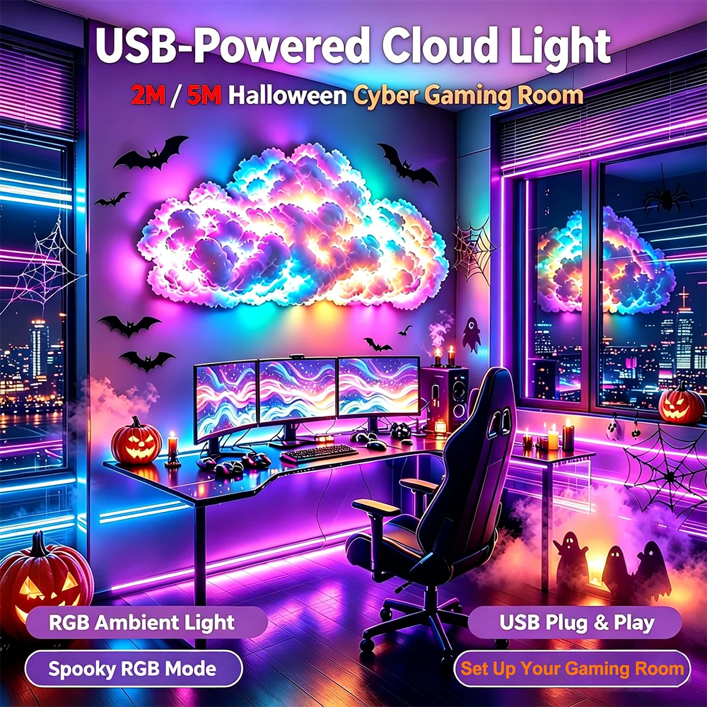 Spooky Halloween Thunder Cloud LED Strip Lights RGB+IC Music Sync DIY Ambient Light for Gothic Party Gaming Room Decor