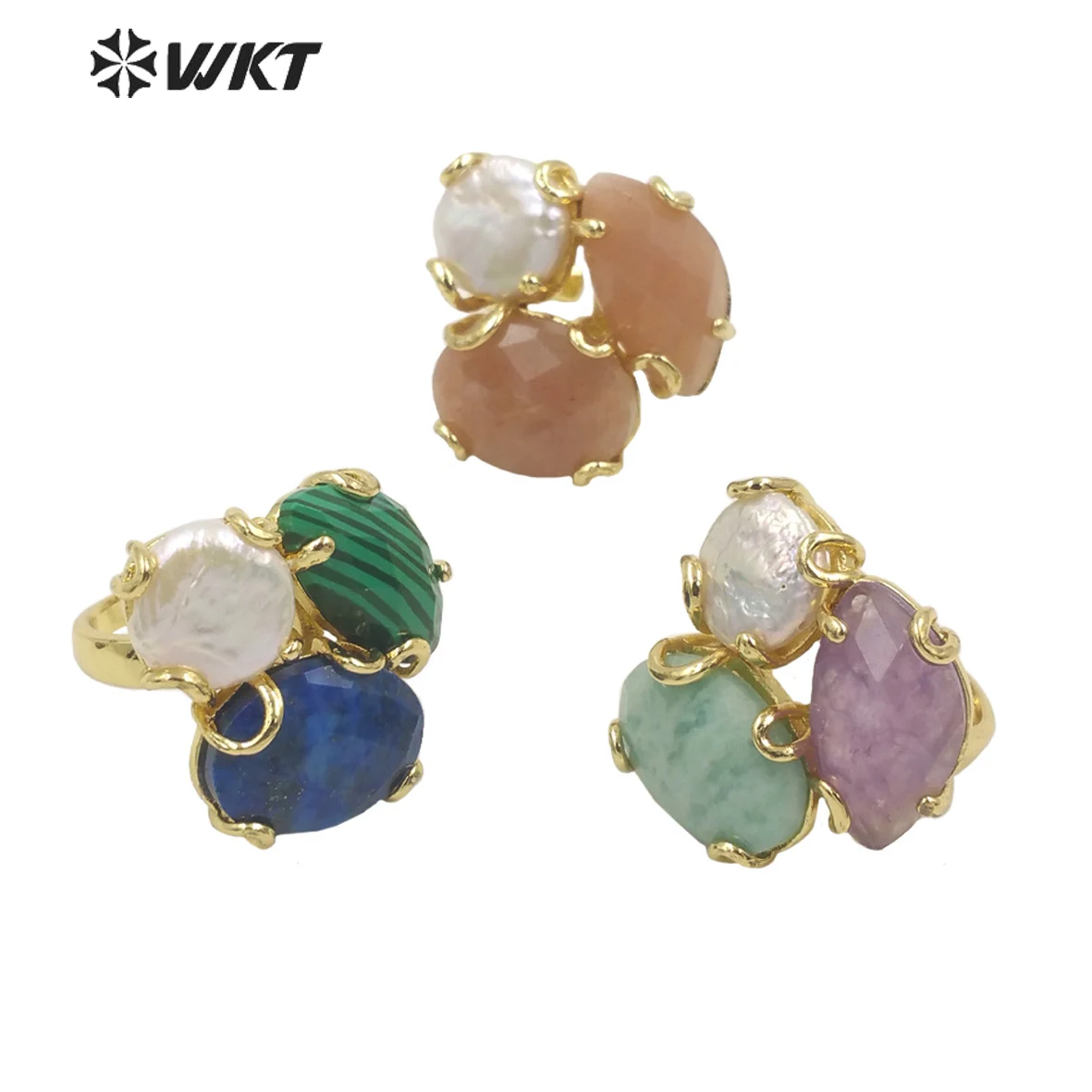 

WT-R418 Amazing Triple stone Gorgeous Women Ring 18k Real gold plated resist tarnishable Pearl stone mix Wedding Ring