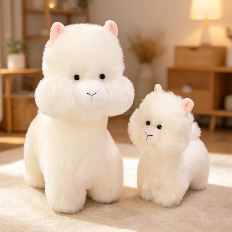 Kawaii Fluffy White Alpaca Stuffed Animal Soft Long Hair Llama Plush Doll Blush Cheek Standing Alpaca Toy Sleep Hug Pillow Birth