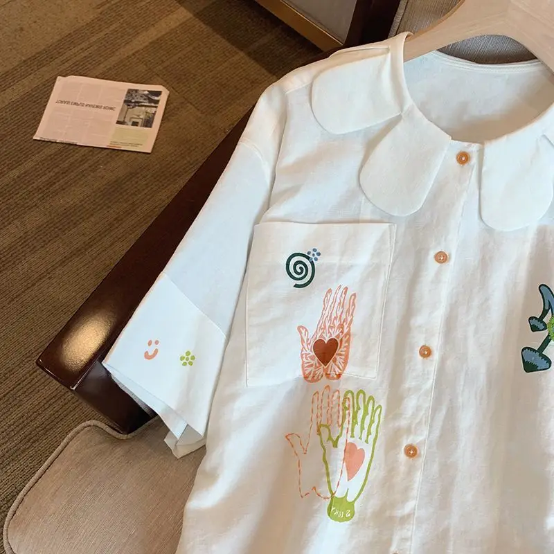 EBAIHUI Peter Pan Collar Cute Print Women's Shirt Korean Embroidery Design Ladies Short Sleeve Blouse Summer Loose Casual Top