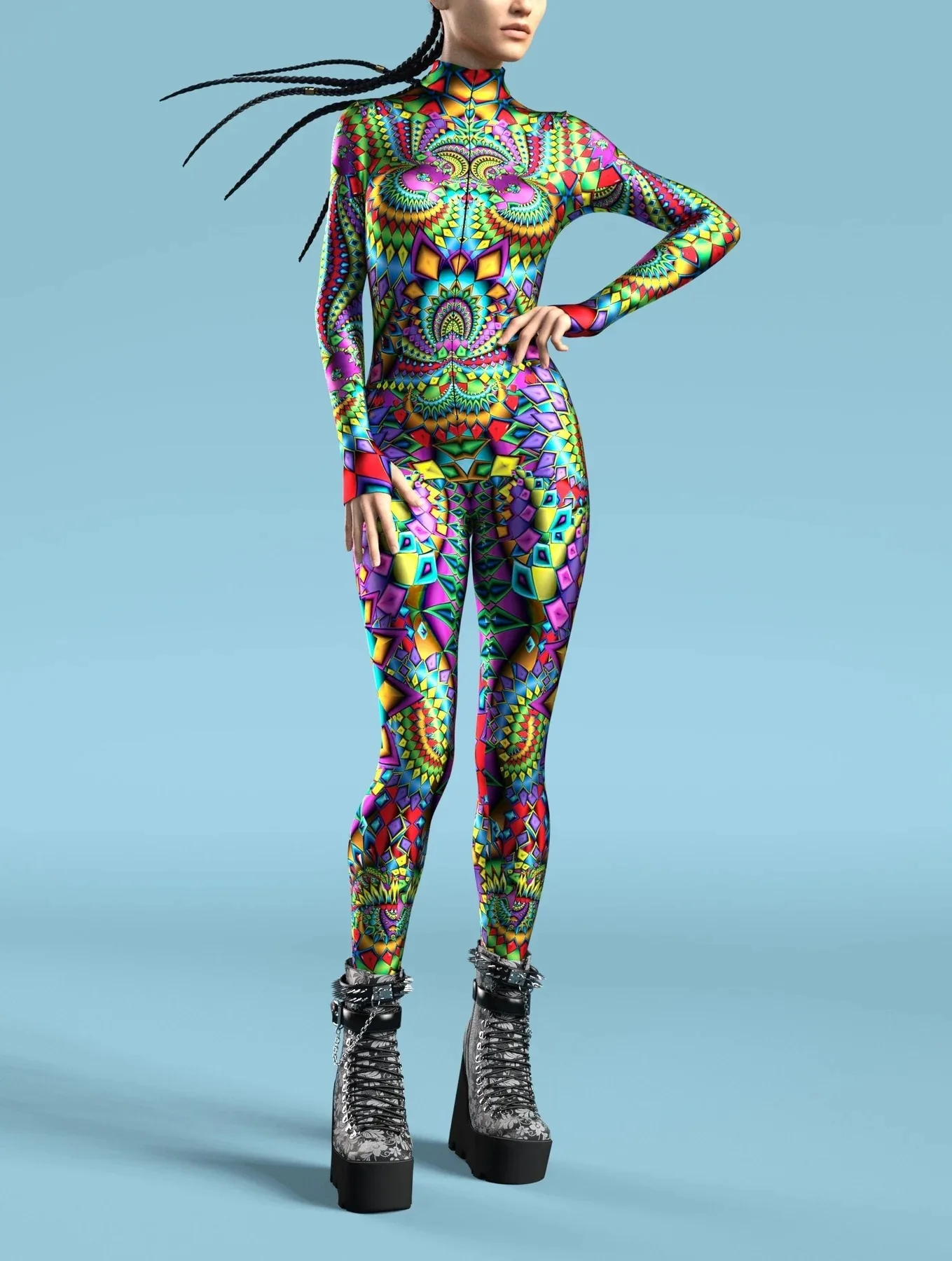 Damen Mehrfarbiger 3D-Druck Festtagsparty Regenbogen Sexy Enger Bodysuit Punk Cosplay Kostüm Performance Romper – Detail 7