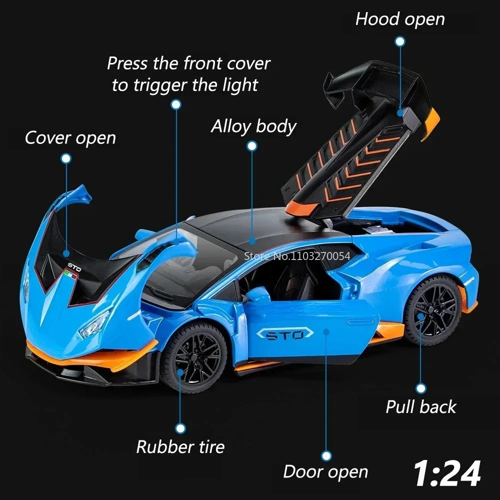 1:24 Lambor Sian Huracan STO Miniaturmodell Druckguss-Legierung Spielzeugauto Sound Licht Zurückziehen Türen geöffnet Fahrzeug Jungen Festival Geschenk