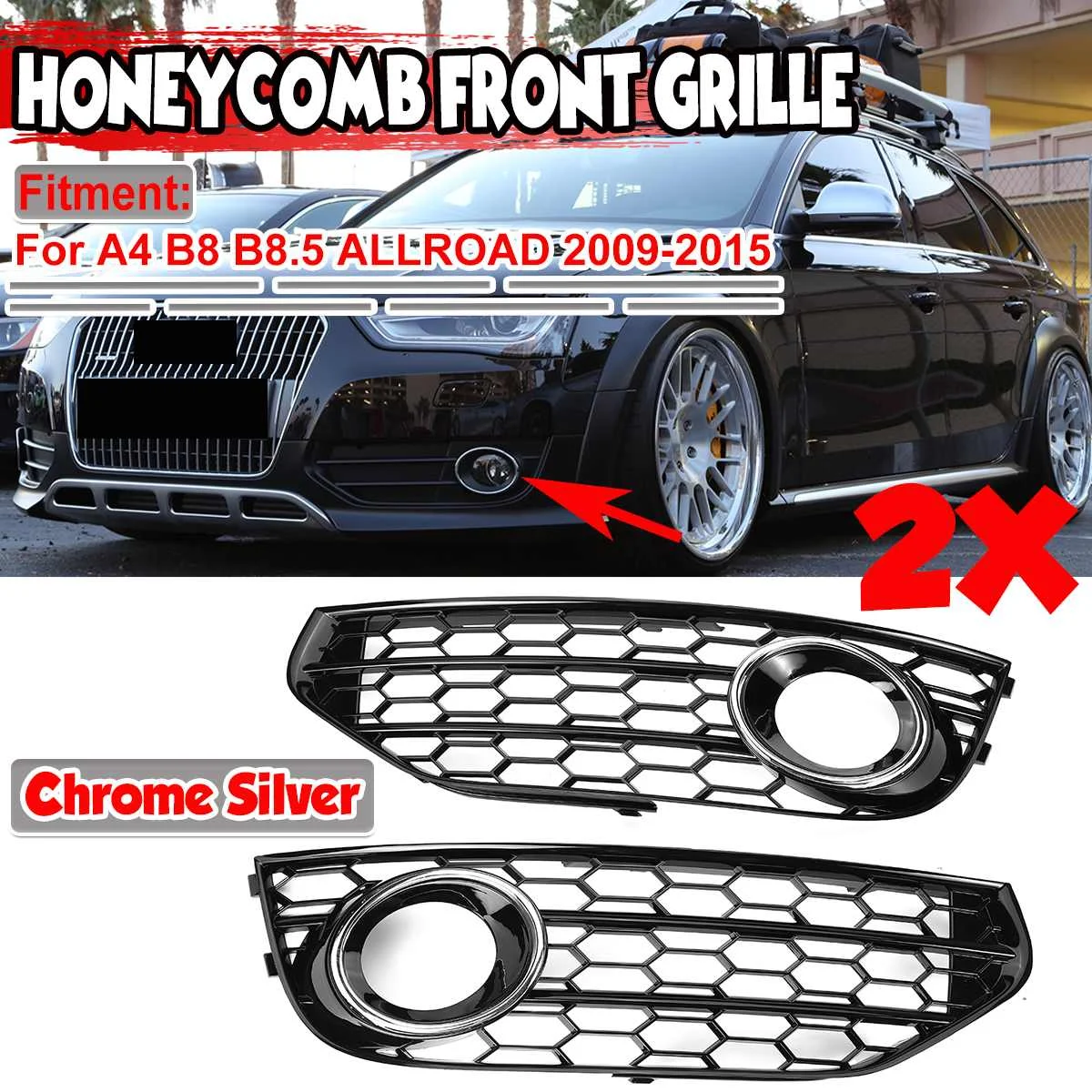 HONEYCOMB HEX A4 2x Car Front Fog Light Grill Grille Fog Lamp Cover Trim For AUDI A4 B8 B8.5 Allroad Quattro Wagon 2009-2015