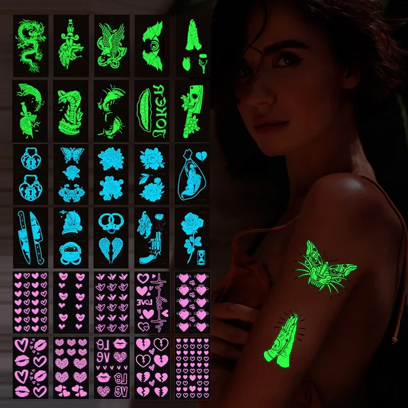 Luminous Skull Dragon Tattoo Stickers Music Bar Party Temporary Tattoo Sticker Rose Flower Fluorescent Waterproof Face Stickers