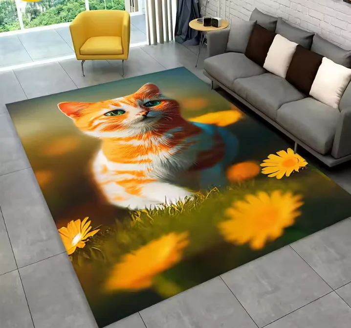 Living Room Rug Oil Painting Style Orange Cat Healing Carpet Non-Slip Soft Easy Clean Cat Lover Personalized Home Decor Mat