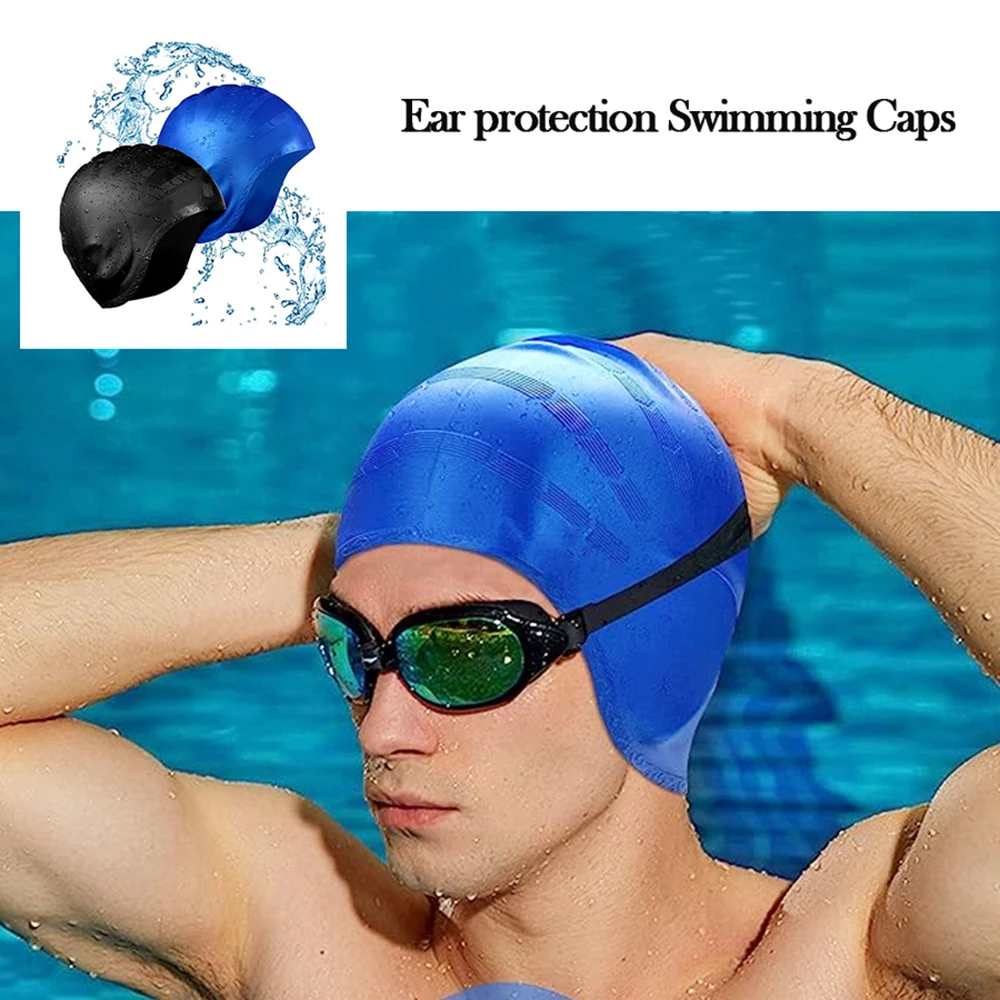 Gorro de natación de silicona con protección auditiva Unisex, gorro de baño profesional grande, Goma elástica alta, protección del cabello, antideslizante