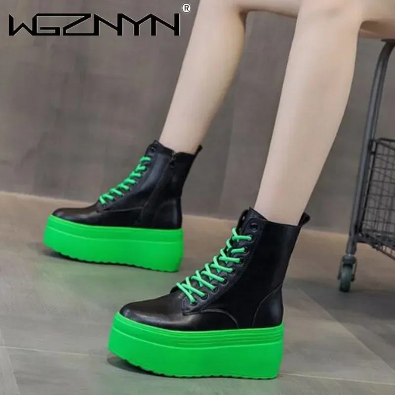 2025 Genuine Leather Ankle Boots Green Platform Sneakers for Women Thick Bottom Casual Women's Lace-up Combat Boots Chunky Shoes