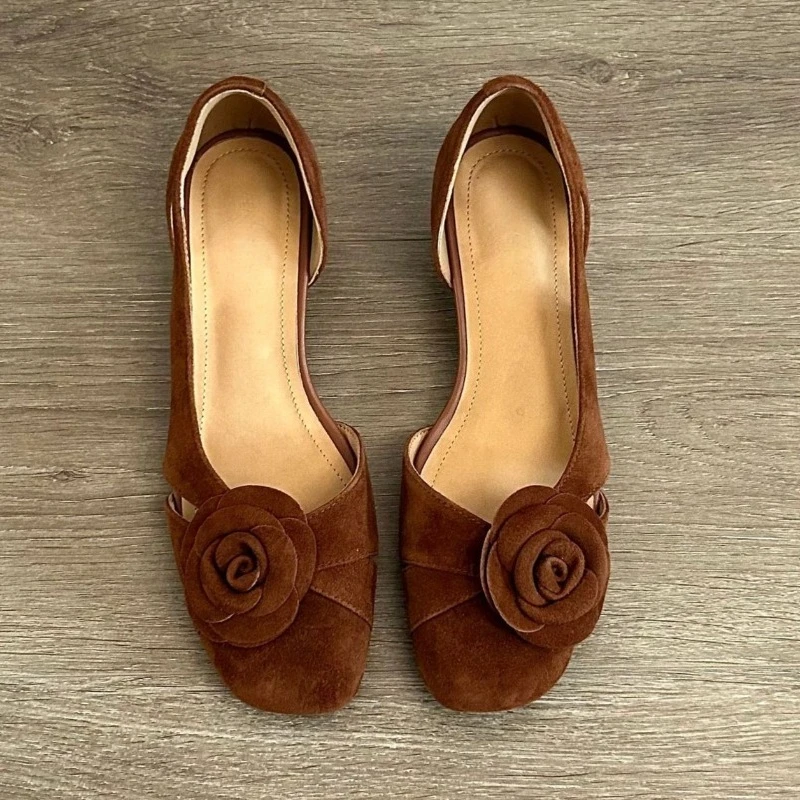 

Elegant Women Pumps Sandals Hollow Casual Footwear Ladies Dress Brown Shallow Comfort Suede Flower Retro Low Heel Women's Shoes
