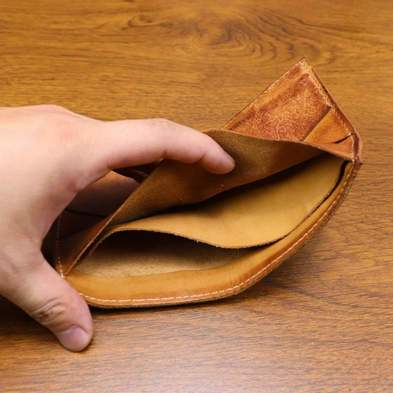 الرجعية الرجال محفظة صغيرة اليدوية المتعثرة الخضار المدبوغة الجلود والحبوب الكاملة فتحات بطاقة متعددة المدمجة حقيبة المال النقدية المحفظة #4