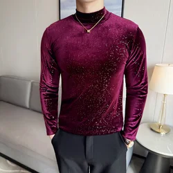 Half High Neck Slim Fit Knitted Pullover T-shirt for Men, High-quality Long Sleeved Men's T-shirt, Slim Fit Casual Solid Color