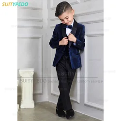 Boy’s Suit Costume 3 Pieces Children Navy Blue Velvet Jacket Sets Boys Formal Party Performance Suit Kids Wedding Suit Tuxedo