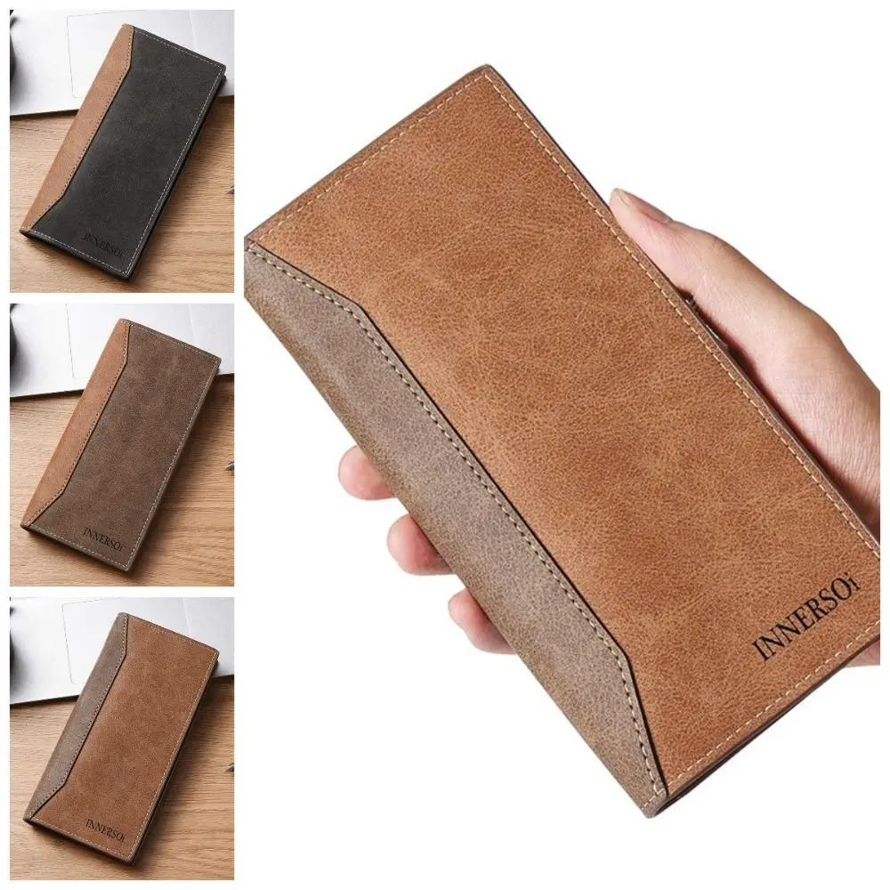 Portable Long Purse Frosted Splicing Wallet PU Leather Multifunction Bifold Wallet Large Handbag Men's Long Wallet Outdoor