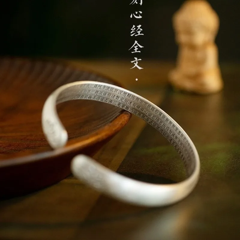 Retro Silver Plated White Copper Open Cuff Bracelet Lotus Sutra Mantra Engraved Vintage Antique Finish Jewelry For Men Women